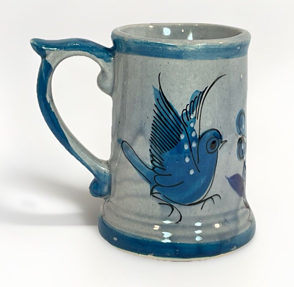 Vintage Tonala Mug Mexico Pottery Bluebird Floral Cup Blue Handmade 12 Oz